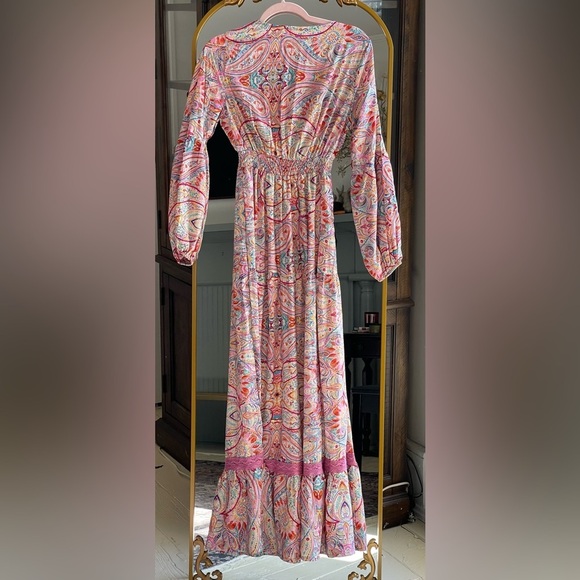 NWT Raga Multicolor Paisley Ruffle Hem Boho Maxi Dress with Pink Lace Accent - Picture 5 of 8